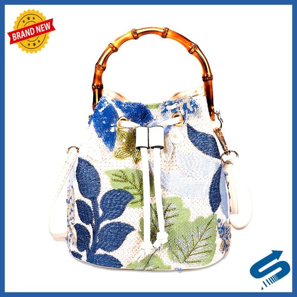 Hand Embroidered Bohemian Straw Tote Bag with Bamboo Handle Crossbody